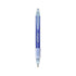 A blue plastic pen with a clear barrel and a grip, featuring branding on the side.