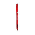 A red metal pen with a clear chrome grip and a clip, featuring branding on its body.