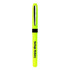 A bright yellow pen with a sleek design, featuring a branding logo on its body.