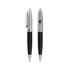 A sleek carbon fibre twist pen in black with silver accents, featuring a branding logo.