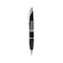 A black pen with a silver clip and a branding logo on the barrel.