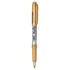 A metallic gold permanent marker with a textured grip and a clip, featuring branding on the barrel.