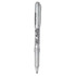 A metallic silver permanent marker with a textured grip and a cap, featuring a logo on the barrel.