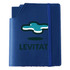 A blue leatherette notebook cover with an elastic band and a logo on the front.