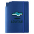 A blue leatherette notebook cover with an elastic band closure, featuring a logo on the front.