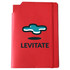 A red leatherette notebook cover featuring a logo and an elastic band closure.