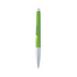 A metallic pen with a bright green barrel and silver accents, featuring a logo on the barrel.
