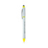 A silver stylus highlighter pen combo featuring yellow accents and a branding logo.