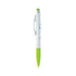 A stylus pen with a white barrel, green tip, and green stylus end, featuring a clip and a logo.