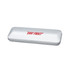A sleek brushed metal gift box in silver, designed for pen packaging, featuring a logo.