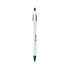 A curved pen in white with green accents, featuring a logo on its body.