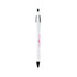 A curved pen in white with black accents, featuring a logo on its body.