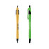 Two metallic curved pens are displayed: one in yellow and one in green, featuring a logo on the green pen.