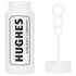 A white bottle of Miracle Bubbles with a bubble wand attached, featuring a logo on the front.