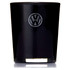 A glass candle in a sleek black holder with a logo on the front. The candle features a gold base.