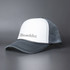 A grey and white trucker cap featuring a mesh back and a logo on the front.