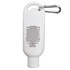 A white 50mL sunscreen bottle with a carabiner attachment, featuring product details on the back.