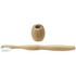 A bamboo toothbrush with a white bristle head and a matching bamboo holder.