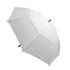 A white umbrella with a black handle and a logo on the fabric.