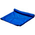 A blue cooling towel is neatly rolled and displayed with a textured surface. It features a logo.
