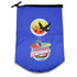 A blue 10L dry bag featuring two logos, one with a bird and one related to fishing events.
