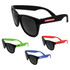 Retro sunglasses in black, green, red, and blue, featuring logos on some frames.