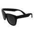 Retro sunglasses in matte black with dark lenses, featuring a smooth, sleek design and a branding logo on the side.
