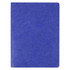A purple notebook with a textured cover and blank pages, featuring a logo on the front.
