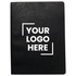 A black notebook with a flat cover featuring a placeholder for a logo. The design includes a sleek, minimalistic style.