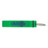 A green drink bottle opener with a metal keyring attachment and a branded logo.