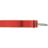 A drink bottle opener in red with a silver keyring attachment. It features a simple, flat design.