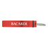 A drink bottle opener in red metal with a silver keyring and a logo printed on it.