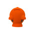 An orange piggy bank in the shape of a piglet, featuring eyes and small ears. It has a slot for coins and a logo.