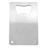 A stainless steel bottle opener shaped like a credit card, featuring a circular hole and a cut-out for easy gripping.