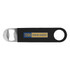 A drink bottle opener in black with a metallic bottle-opening end and a logo.