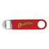 A drink bottle opener with a red handle and a metal opener, featuring a logo.