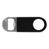 A drink bottle opener featuring a stainless steel end with a black vinyl handle and a circular hole for easy grip.