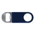 A drink bottle opener featuring a navy blue vinyl handle with a stainless steel opener and a circular ring.