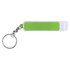 A drink bottle opener in white and green, featuring a keychain attachment and a blank area for branding.