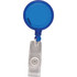 A blue round badge holder with a clear attachment clip and a retractable cord.