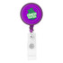 A round badge holder in purple with a clear clip and a logo on the front.