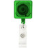A green square badge holder with a clear clip for attaching to clothing or accessories.