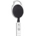 A black retractable badge holder with a metal carabiner and a silver clip for attachment. Features a logo.