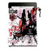 A microfibre iPad pouch featuring a vibrant design with black and white silhouettes and abstract patterns. It includes a logo.