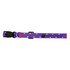 A purple dog collar featuring paw prints and text, with a black buckle and metal D-ring.