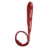 A red dog leash measuring 1.1 metres in length, featuring a logo along its length.