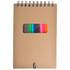 A brown spiral notebook with a transparent window displaying colourful markers inside.