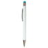 A white stylus pen with a blue tip and metallic accents, featuring a clip and a logo.