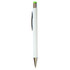A stylus pen featuring a white body with a silver clip and a green cap. It has a sleek, modern design and branding.
