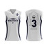 A white basketball singlet featuring a logo, a wolf graphic on the back, and the number three on it.